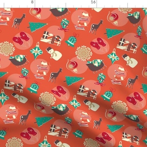 Kitsch Christmas Fabric - North Christmas By Mariao - Red Snowman Santa Sleigh Winter Holiday Cotton Fabric By The Yard With Spoonflower