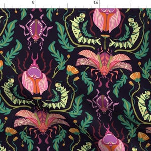 Damask Fabric - Damask Beetles By Pinkowlet - Black Pink Green Teal Insects Floral Victorian Bugs Cotton Fabric By The Yard With Spoonflower