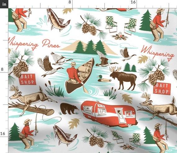 Camping Fabric Whispering Pines by Ruby Ritz Fly Fishing Woodland Rustic  Hunting Bear Moose Cotton Fabric by the Yard With Spoonflower 
