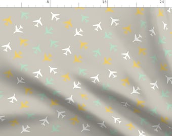 Summer Airplane Fabric - Airplanes White And Gray Mint Yellow By Googoodoll - Airplane Nursery Decor Fabric With Spoonflower