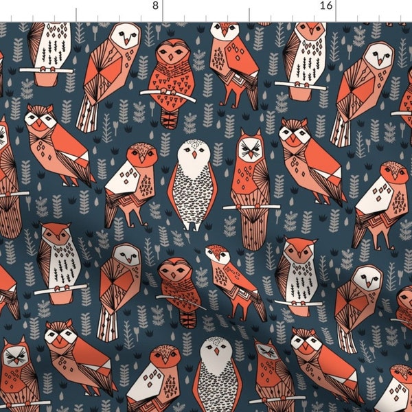 Geometric Owl Fabric - Owls Navy Blue Orange Coral Hand-Drawn Illustration By Andrea Lauren - Mod Cotton Fabric By The Yard With Spoonflower