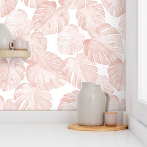Monstera Wallpaper - Jumbo Scale Watercolor Monstera Leaf By Littlearrowdesign - Pink Removable Self Adhesive Wallpaper Roll by Spoonflower image 7