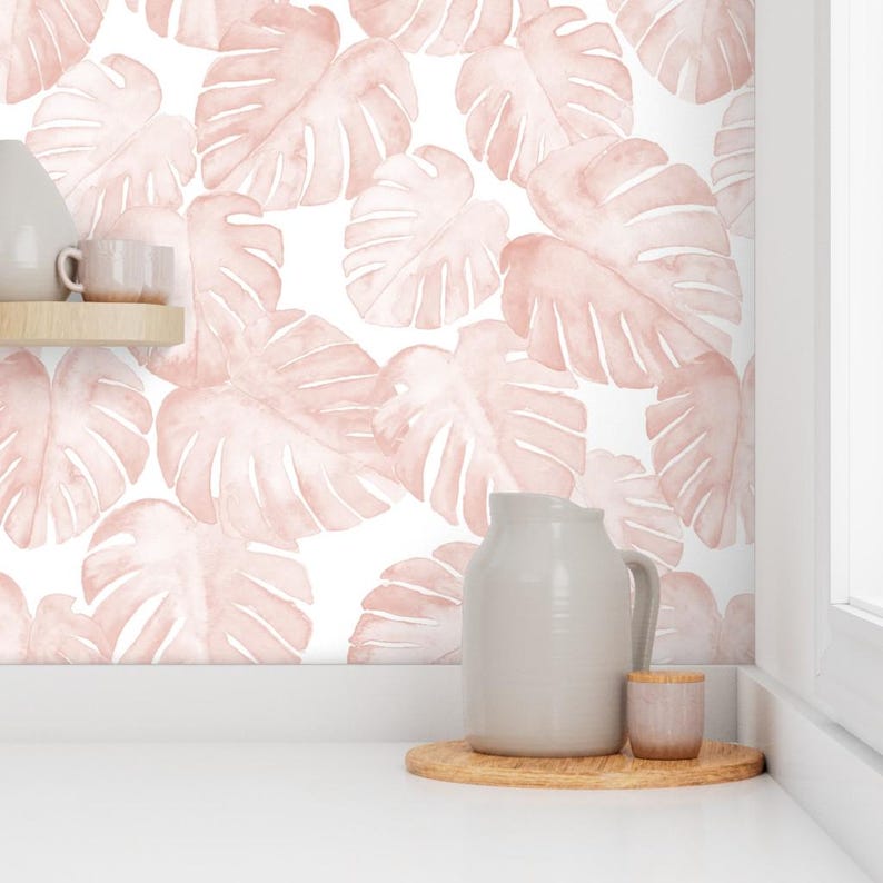 Monstera Wallpaper - Jumbo Scale Watercolor Monstera Leaf By Littlearrowdesign - Pink Removable Self Adhesive Wallpaper Roll by Spoonflower image 7
