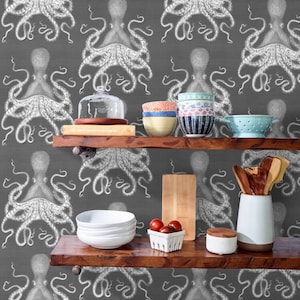 Octopus on Gray Wallpaper Octopus Oasis Gray by Willowlanetextiles