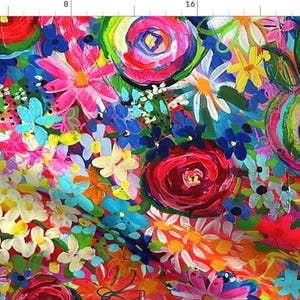 May include: A vibrant floral pattern featuring an array of colorful flowers. The design includes large, swirling roses in red and pink, alongside daisies, and other blossoms in shades of blue, yellow, and white. The artwork has a textured, painted appearance.