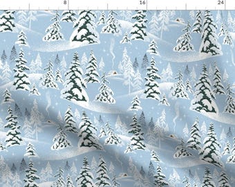 Winter Forest Trees Fabric - All Is Calm By Mirabelle Print -Winter Sky Blue Snowfall Snow Season Cotton Fabric By The Yard With Spoonflower