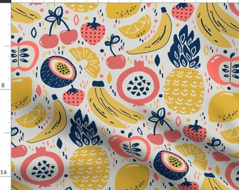 Yellow Tropical Fruits Navy Fabric - Funky Fresh Fruit (Large Version) By Tigatiga - Navy Cotton Fabric By The Yard With Spoonflower