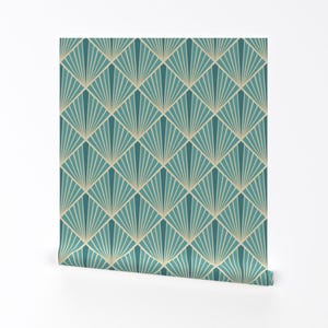 Aqua Art Deco Ablösbare Tapete - Art Deco Fächer Türkis Gelb - Tapete - Wand Dekoration - Art Deco Fächer by fernlesliestudio