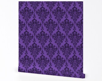 Purple Gothic Damask Wallpaper - Skull Damask by thecalvarium - Skulls Black Purple Removable Peel and Stick Wallpaper by Spoonflower