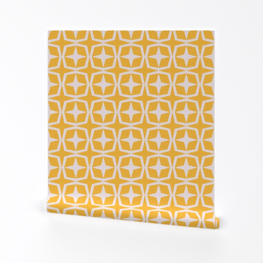 Mid Century Modern Removable Peel and Stick Wallpaper - Geometric Star Butter Yellow - Wall Art Wall Decor - Palm Springs by winkeltriple