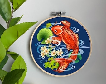 Plantilla de bordado de peces en algodón - Carpa Koi de Chica Besso - Patrón de bordado de jardín acuático para bastidor de 6" Impreso a medida por Spoonflower