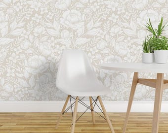 Neutral Victorian Peel and Stick Wallpaper - Large Scale Chintz William Morris - Removable Wall Decor Art - Peonies by whimsical_brush