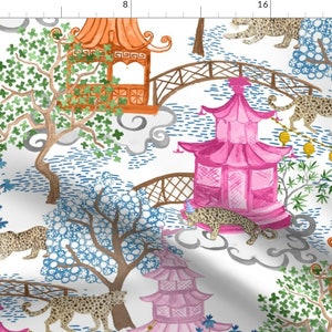Chinoiserie Fabric - Pagoda Forest by danika_herrick - Pagoda Leopards Pink And Rust Asian Inspired Fabric by the Yard by Spoonflower