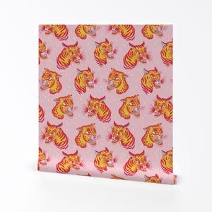 Tattoo Flash Wallpaper - Tigerpop By Cecilia Granata - Pink Orange Animalier Tiger Removable Self Adhesive Wallpaper Roll by Spoonflower