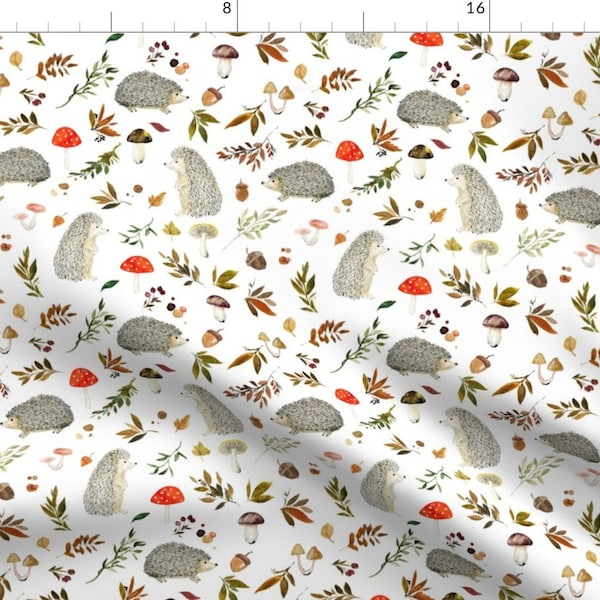 Hedgehog Fabric - Hedgehogs And Fall Foliage By Hipkiddesigns - Hedgehog White Red Green Winter Cotton Fabric By The Yard With Spoonflower