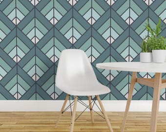 Geometry Wallpaper - Geometric Art Deco Diamond Sea Foam By Red Wolf - Custom Printed Removable Self Adhesive Wallpaper Roll by Spoonflower