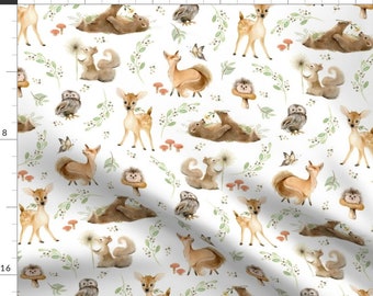 Woodland Babies Fabric - 12" Forest Friends By Gingerlous - Watercolor Leaf Gender Neutral Baby Cotton Fabric by the Yard with Spoonflower