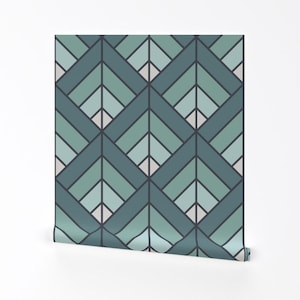 Puede incluir: Un papel tapiz de patrón geométrico en verde azulado y verde con un diseño de chevron repetido.