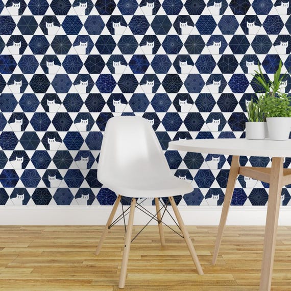 Cats Wallpaper - Sashiko Cats By Patricia Lima - Navy White Geometric Hexagon Kitten Removable Self Adhesive Wallpaper Roll by Spoonflower