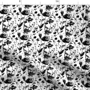 Watercolor Fabric - Black Floral Watercolor By Fable Design - Watercolor Floral Black White Cotton Fabric By The Yard With Spoonflower