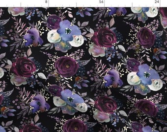 Dark Purple Floral Fabric - Twilight Moody Floral by theartwerks - Night Garden Gothic Romantic Black Fabric by the Yard by Spoonflower
