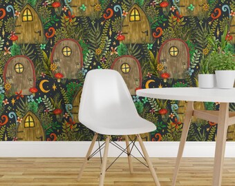 Cabin Wallpaper - Enchanted Fairy By Swoldham - Fairy Houses Foerst Custom Printed Removable Self Adhesive Wallpaper Roll by Spoonflower
