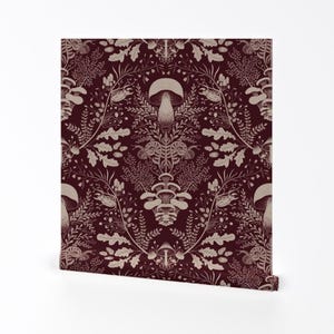 Mushroom Damask Removable Peel and Stick Wallpaper - Burgundy Woodland Oak Acorn  - Wall Art Wall Decor - Mushroom Forest by denesannadesign