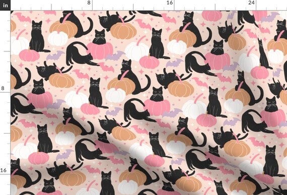 Cute Black Cat Apparel Fabric - Black Cat Halloween by olivelight - Halloween Bats And Pumpkins Soft Pink Clothing Fabric by Spoonflower