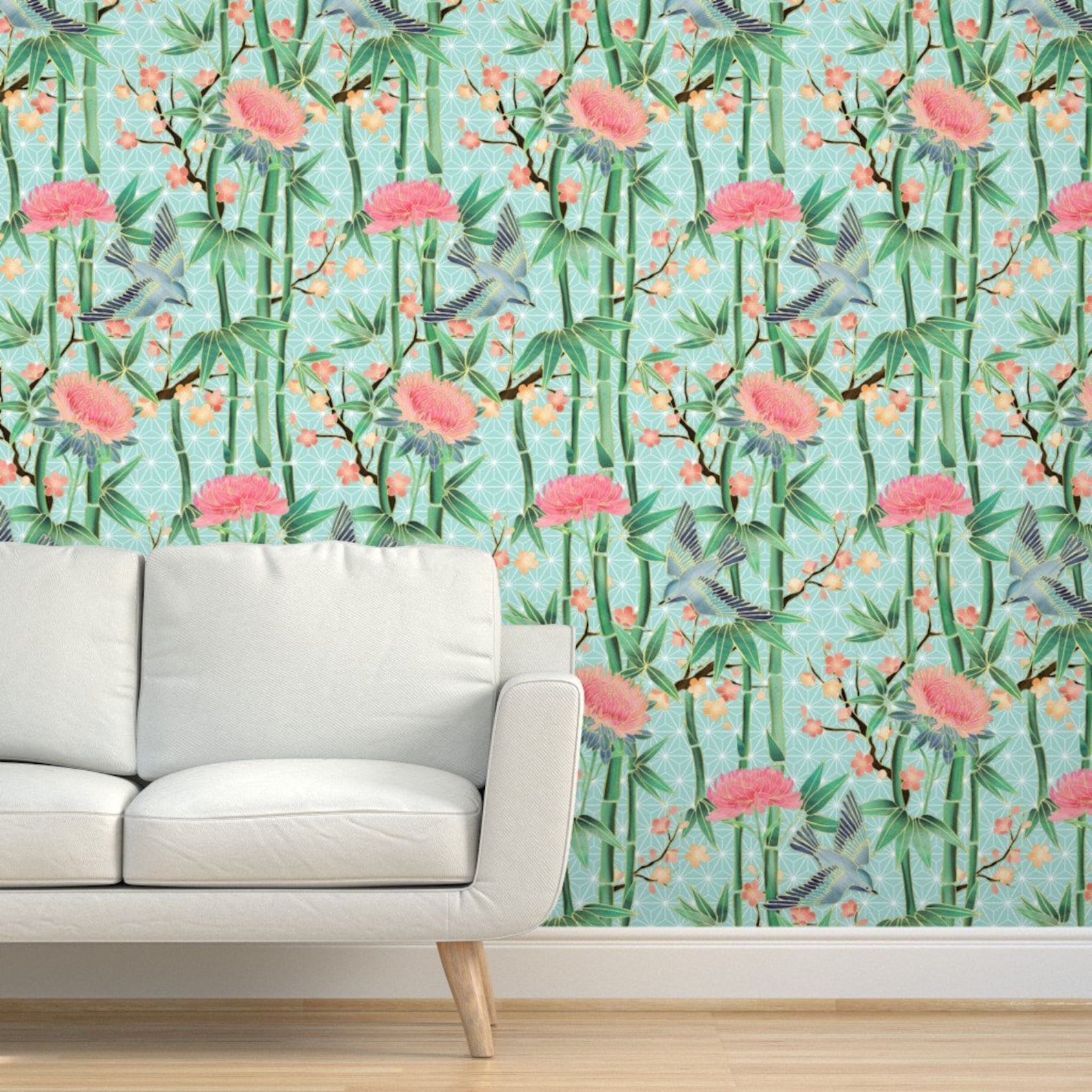 Bamboo Wallpaper Bambo Birds and Blossoms on Soft Blue by - Etsy
