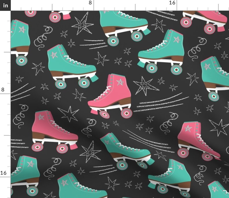 Roller Skating Fabric Retro Roller Rink Nostalgia Pink Teal Etsy UK
