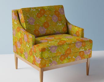 Retro Floral Upholstery Fabric- Retro Buttercup by mariarein - Groovy Hippie Mid Mod Floral Boho Mcm  Fabric By The Yard With Spoonflower