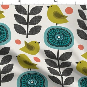 Floral Fabric - Retro Flowers And Birds by anequ_studio - Flowers Scandi Scandinavian Mid Century Folk  Fabric by the Yard by Spoonflower