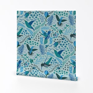 Blue Hummingbird Removable Peel and Stick Wallpaper - Floral  Children - Wall Art Wall Decor - Hummingbird Delight by sciencemavendesigns