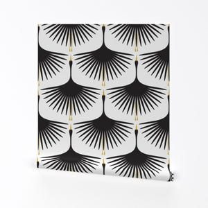 Mid Century Modern Tapete Kraniche Tapete - Schwäne Schwarz Auf Weiß 30 cm Spannweite Von Katerhees - Art Deco Monochrome Tapete mit Löffelblume
