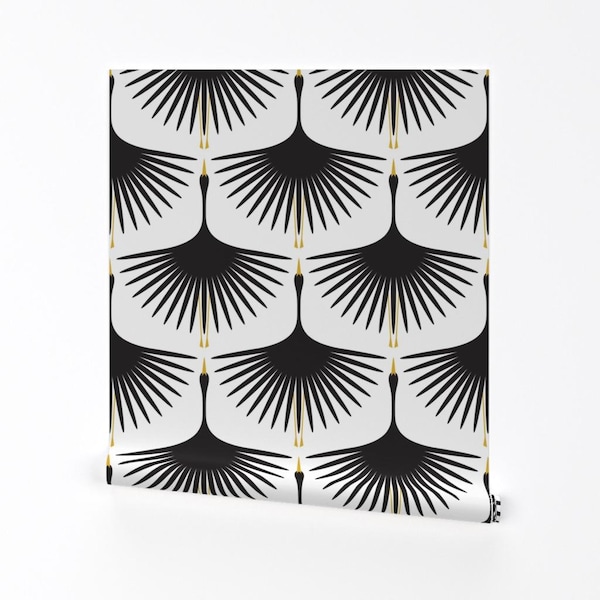Mid Century Modern Cranes Wallpaper - Swans Black On White  12" Wingspan By Katerhees - Art Deco Monochrome  Wallpaper with Spoonflower