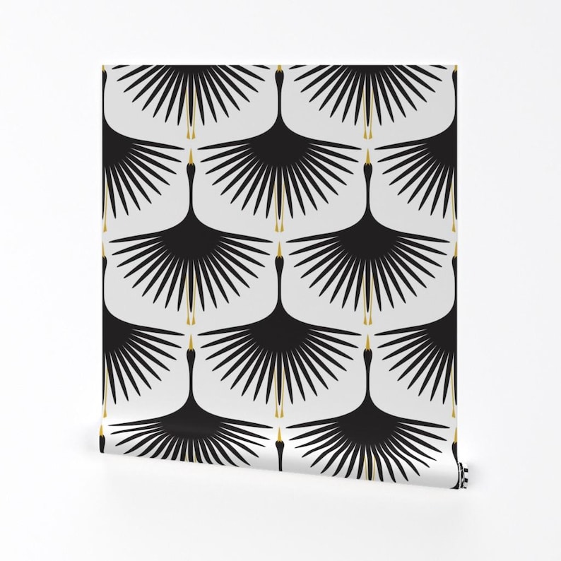 Mid Century Modern Cranes Wallpaper - Swans Black On White  12" Wingspan By Katerhees - Art Deco Monochrome  Wallpaper with Spoonflower