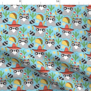 Fiesta Raccoons Fabric - Mexican Raccoons On Blue By Lilcubby - Mexican inspired Cinco De Mayo Cotton Fabric By The Yard With Spoonflower