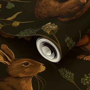 Medieval Rabbit Gold or Silver Metallic Wallpaper - Woodland Bunny Fern ...
