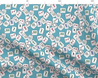 Mahj Game Blue Fabric - Mahjong Tiles For Mahj Game On Aqua Background By Theplumgrove - Mahj Cotton Fabric By The Yard With Spoonflower