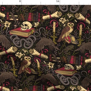 Owls Fabric - Dark Academia  by taranealart - Skulls Snakes Books Halloween Spooky Creepy Dark Academia  Fabric by the Yard by Spoonflower