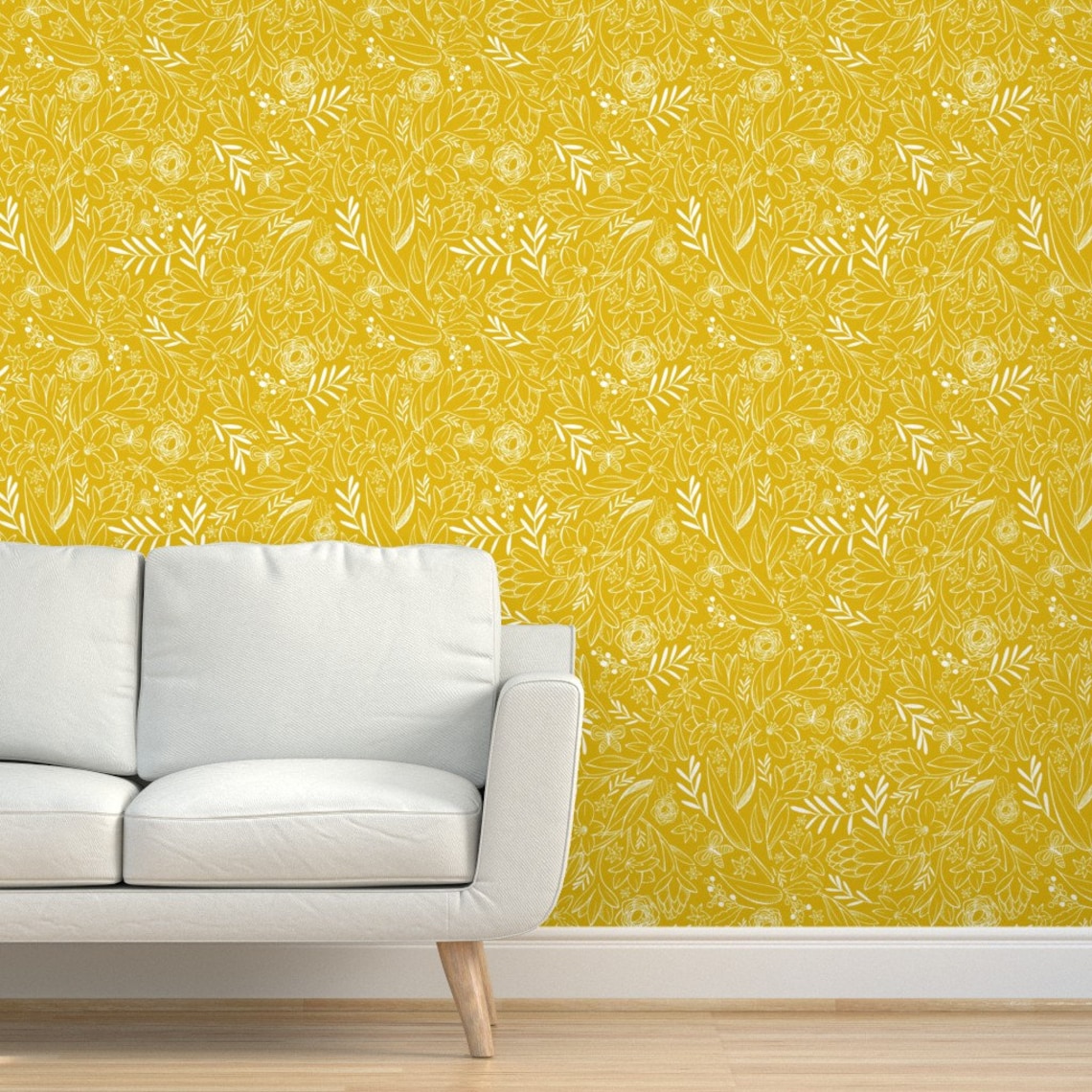 Floral Wallpaper Botanical Sketchbook Floral Yellow by - Etsy