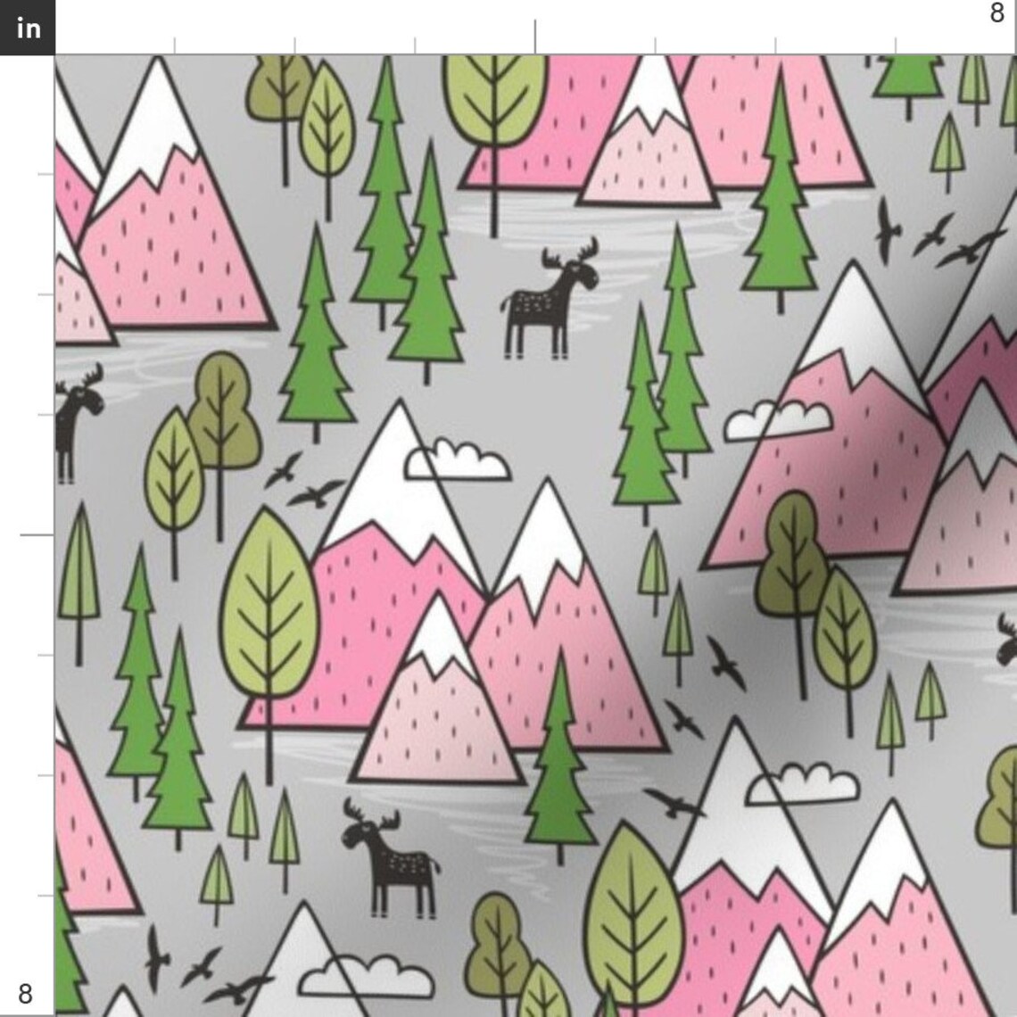 Mountains Fabric Mountains Forest Woodland Trees Moose Pink - Etsy Hong