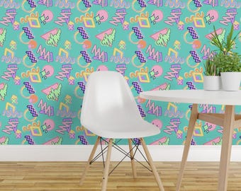 90er-Jahre-Tapete – 90er-Jahre-Cool von Criticalfabric – Aquablau, Lila, Rosa, Urban Funky Doodle, abnehmbare, selbstklebende Tapetenrolle von Spoonflower