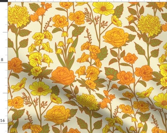 Retro Floral Fabric - Cottage Garden by somecallmebeth - Yellow Orange Green 1970s Flowers Botanical Fabric by the Yard by Spoonflower