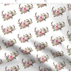 Feathers Fabric - 4&quot; Boho Baby Deer Antlers - White By Shopcabin - Feathers Flowers Antlers Boho Cotton Fabric By The Yard With Spoonflower