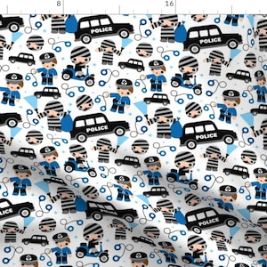 May include: A white background with a repeating pattern of black and white police officers, black and white police cars, and blue handcuffs. The text "POLICE" appears on the police cars.