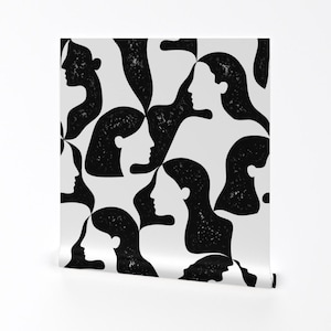 Faces Wallpaper -Girls By Analinea- Female Women Modern Black and White Custom Printed Removable Self Adhesive Wallpaper Roll by Spoonflower