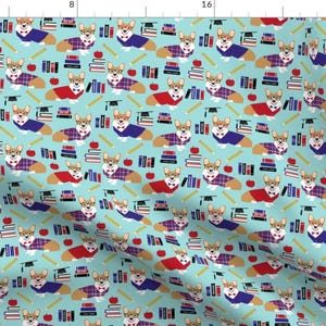 Teacher Fabric - Corgi Teacher School Classroom Apple Books Design Light Blue By Petfriendly- Dog Cotton Fabric by the Yard with Spoonflower