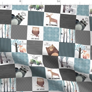 Woodland Animals Quilt Fabric - 3&quot; Blocks- Woodland Critters Patchwork Quilt - Bear Moose Fox Raccoon Wolf, Gray Blue Design By Gingerlous