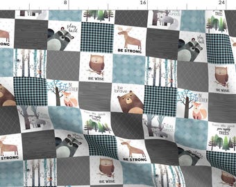 Woodland Animals Quilt Fabric - 3" Blocks- Woodland Critters Patchwork Quilt - Bear Moose Fox Raccoon Wolf, Gray Blue Design By Gingerlous